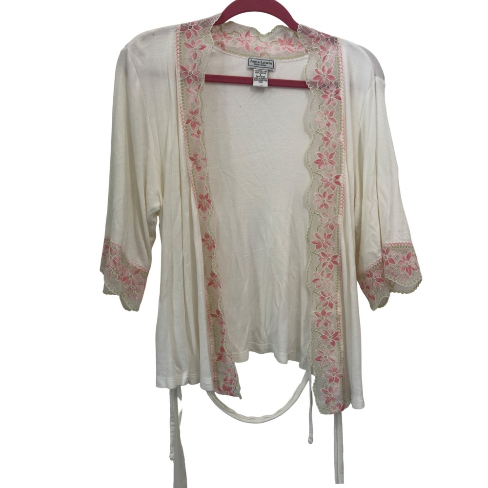 Anne Lewin Wrap Cardigan Cream Pink‎ Floral Lace Tie Waist Bed Jacket Romantic S